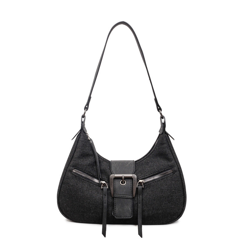 Retro Denim Crescent Shoulder Bag with Buckle