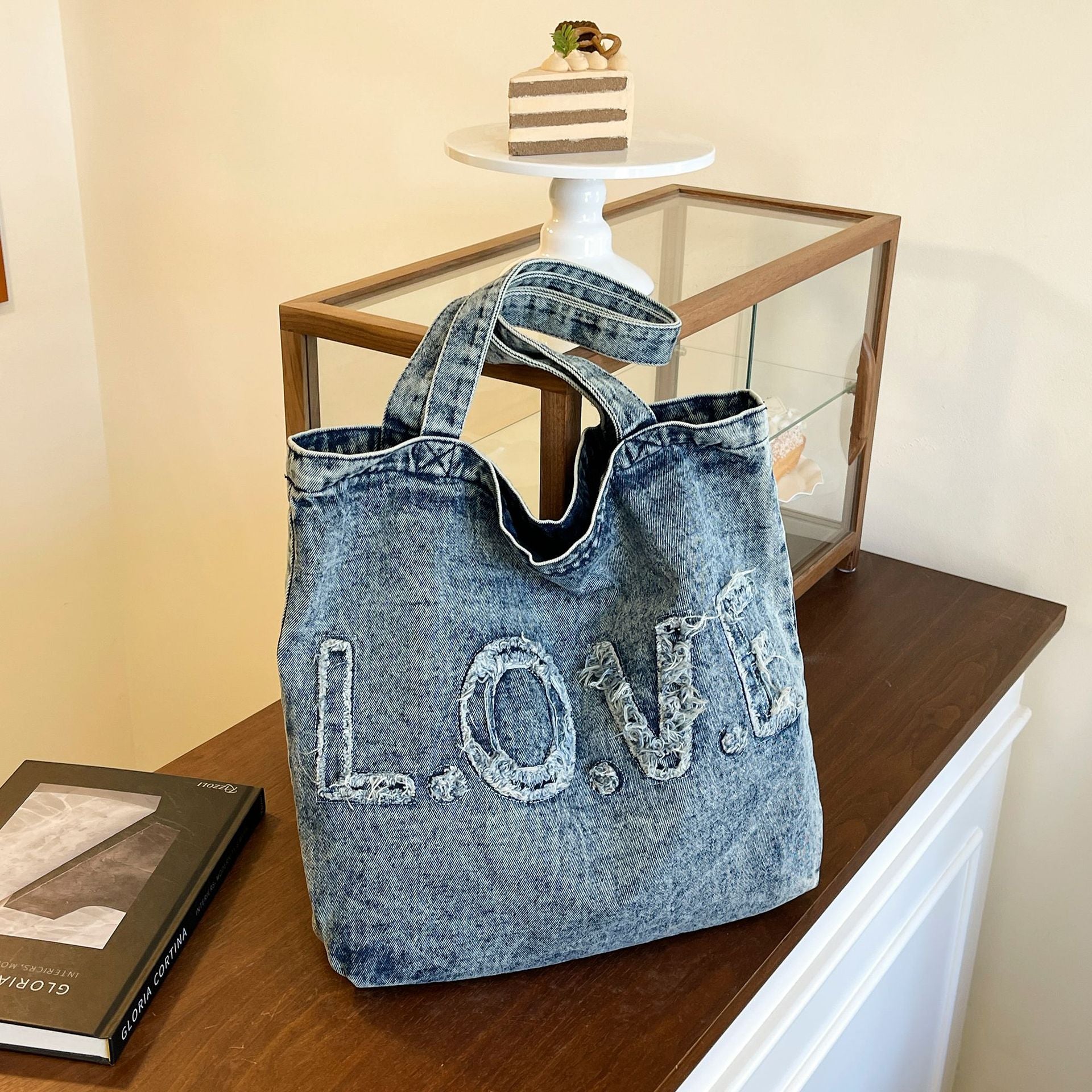 Ese Literary Embroidery Denim Shoulder Bag for Girls Large Capacity Commuter Tote