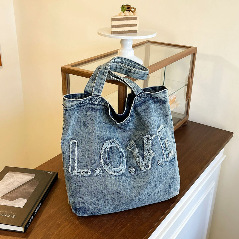 Ese Literary Embroidery Denim Shoulder Bag for Girls Large Capacity Commuter Tote
