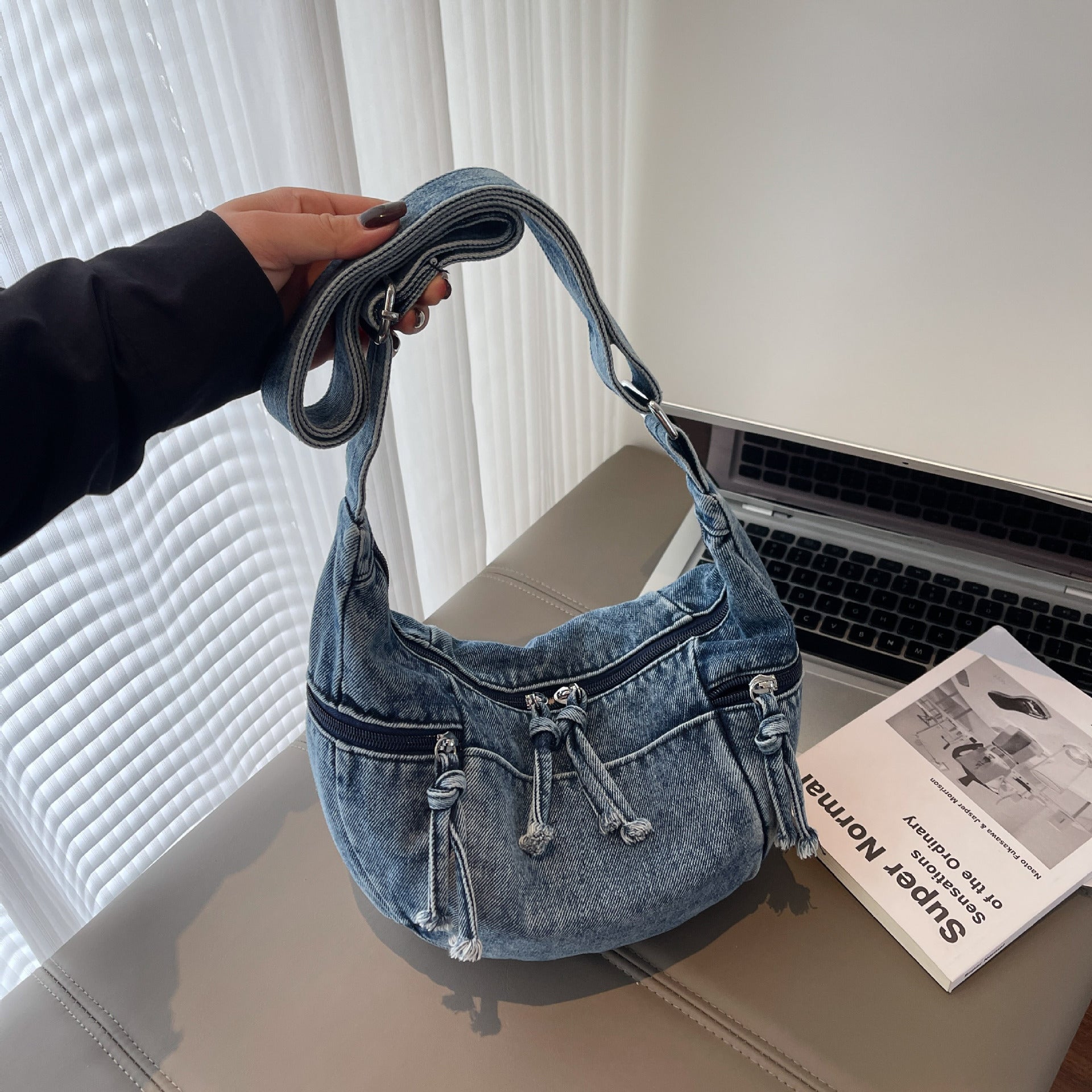 Dongdaemun Denim Messenger Bag Large Capacity Casual Pleated One-Shoulder