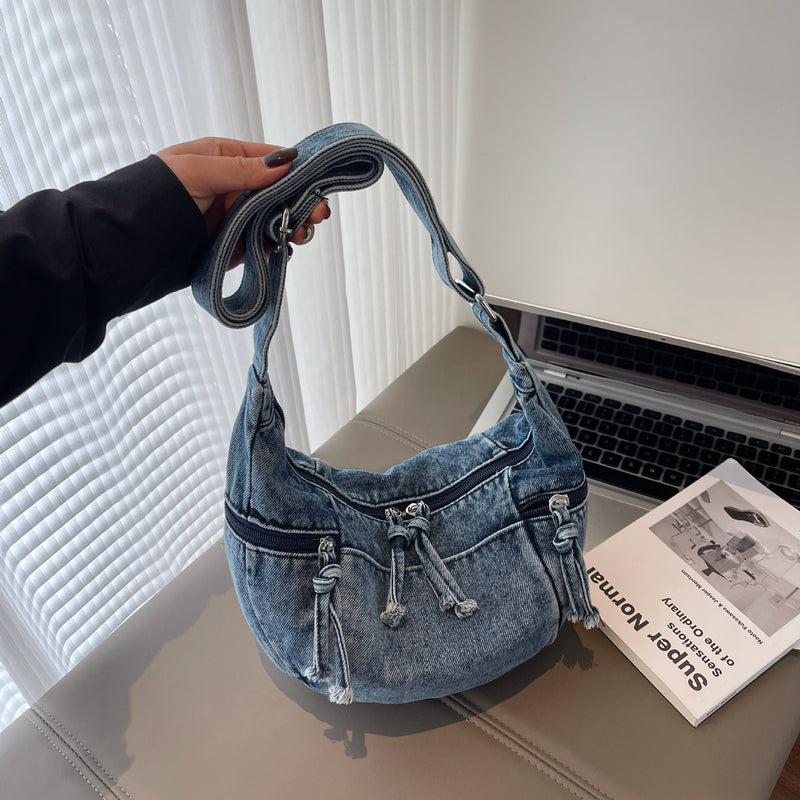 Dongdaemun Denim Messenger Bag Large Capacity Casual Pleated One-Shoulder