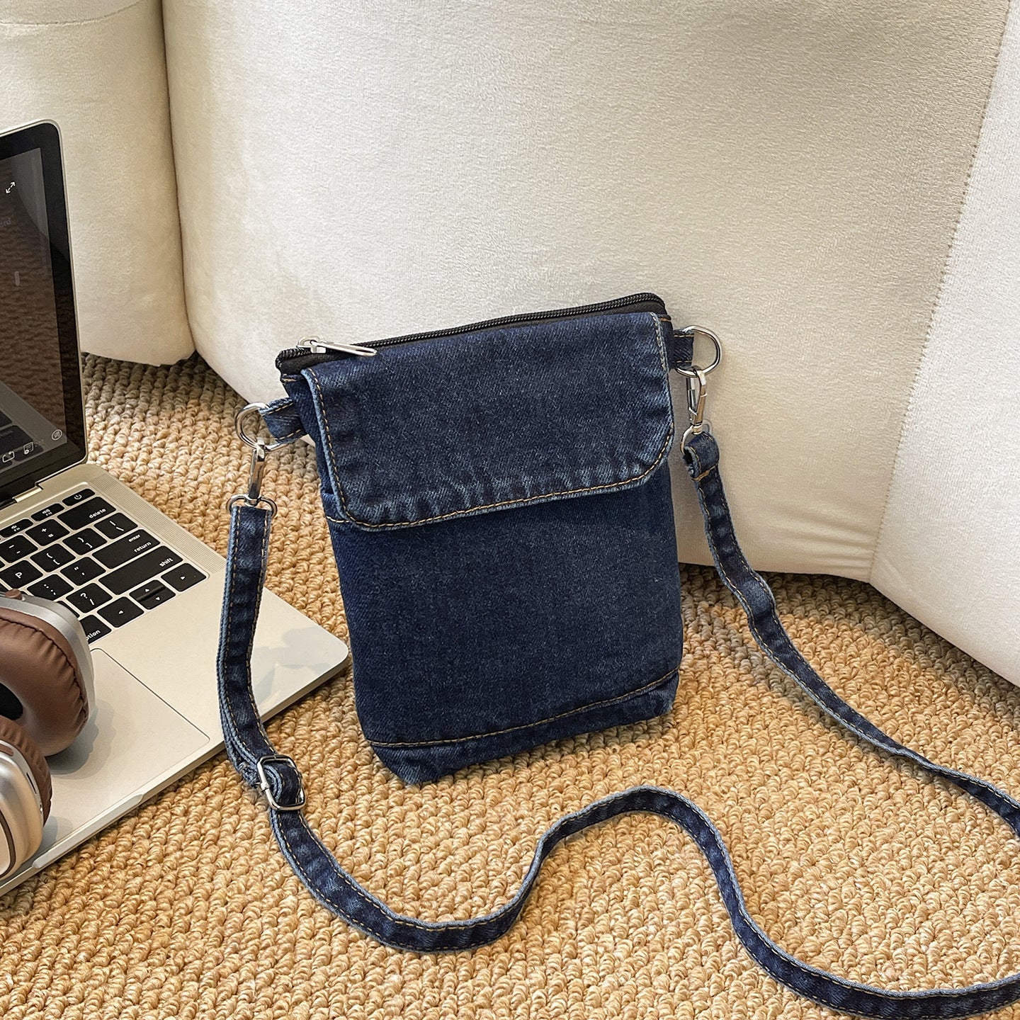 Personalized Washed Denim Messenger Bag