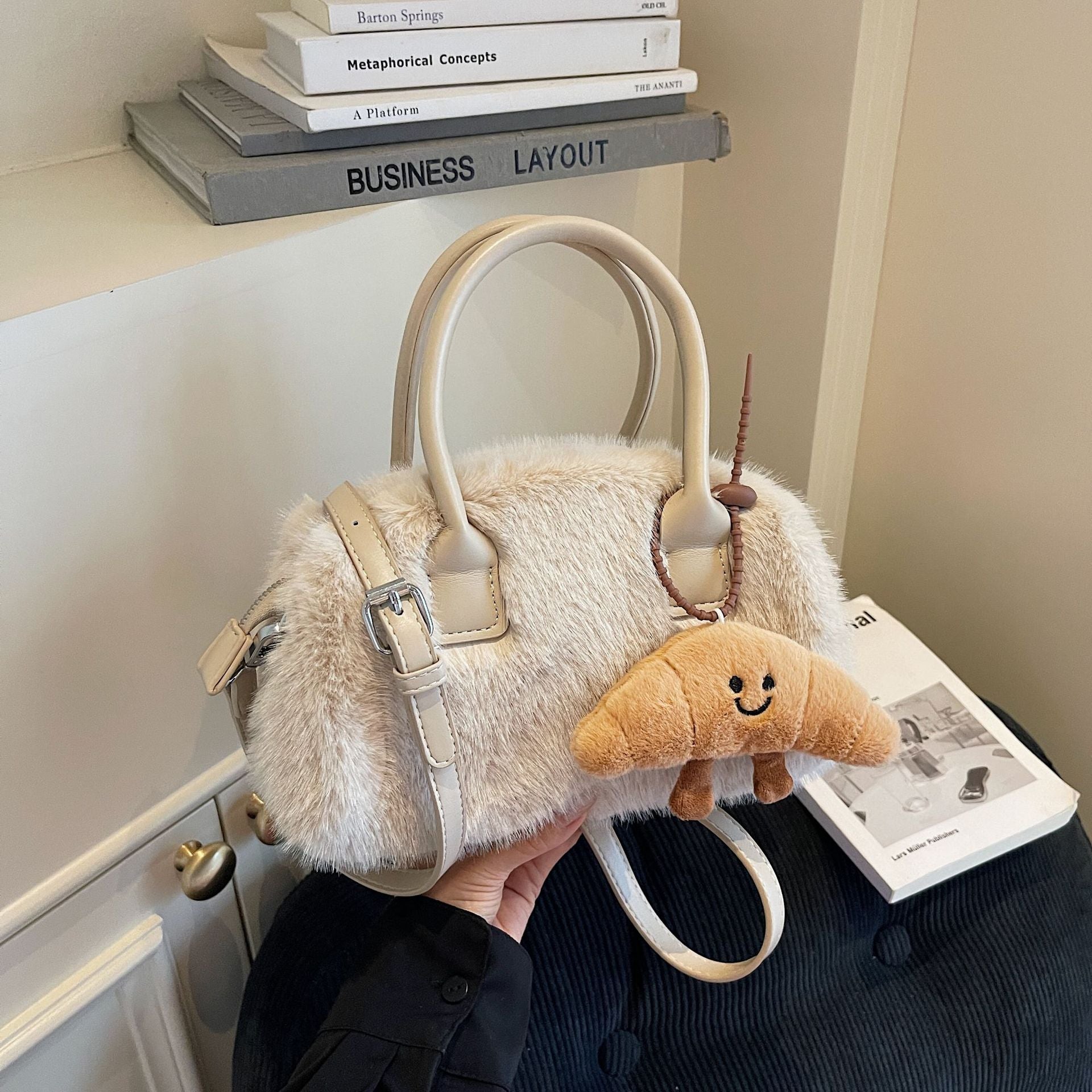 Contrast Color Plush Handbag Women Fashion Shoulder Bag