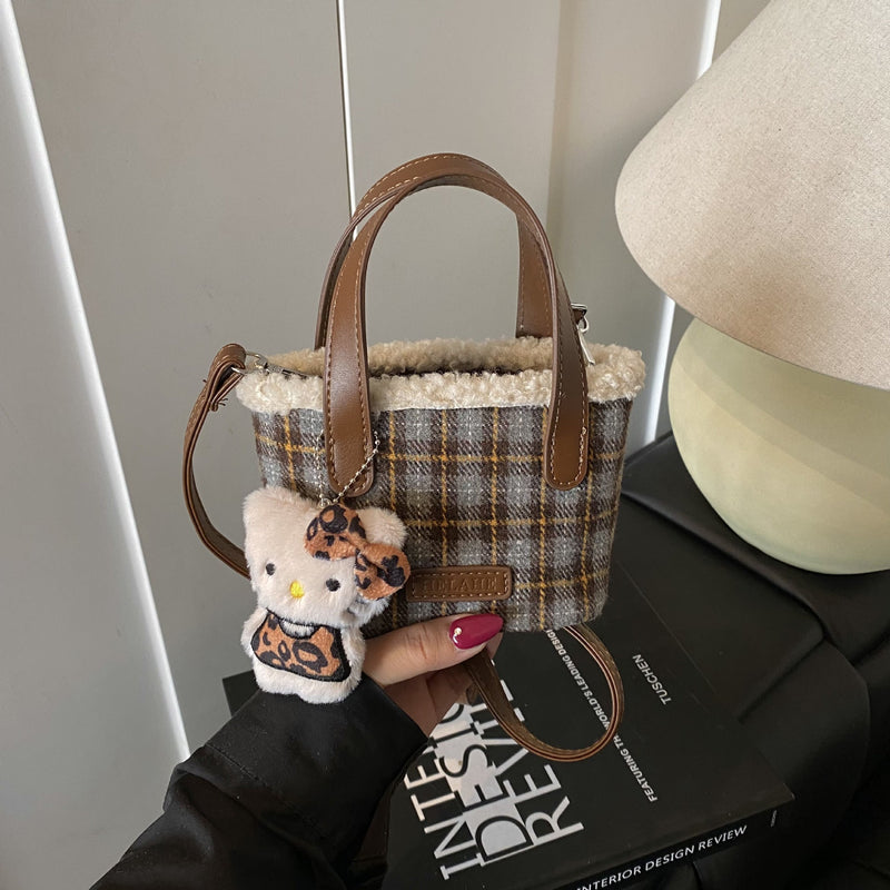 Plaid Mini Bucket Bag Woolen Shoulder Bag