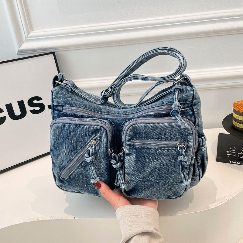 Trend Sense Denim Shoulder Bag Large Capacity Multi-Pocket Student Travel Messenger Bag