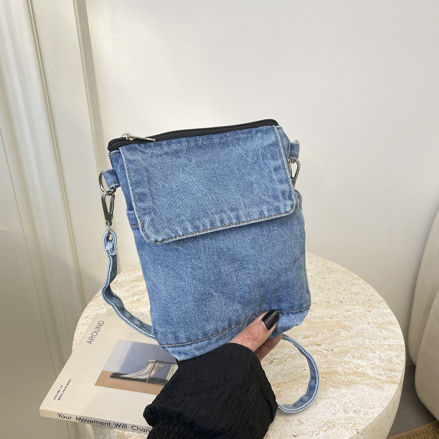 Personalized Washed Denim Messenger Bag