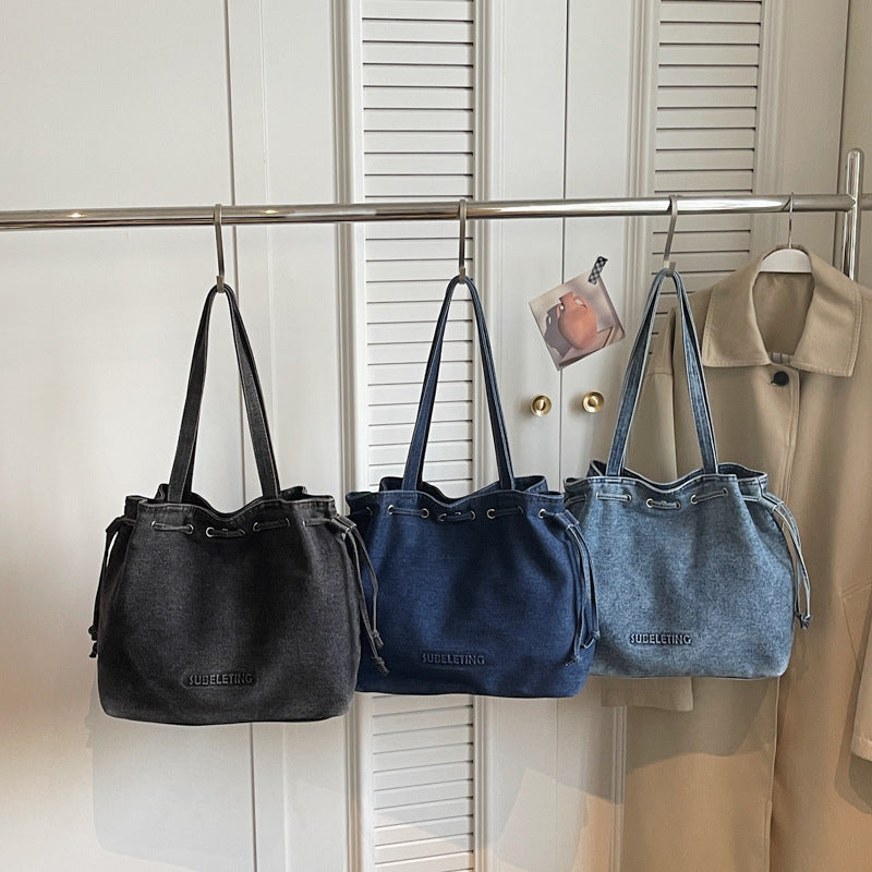 Retro Denim Drawstring Shoulder Bag for Commuting
