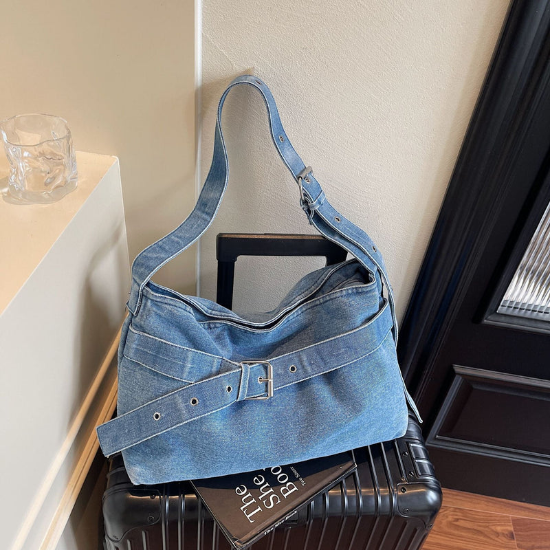 Retro Denim Shoulder Bag Large Capacity Women's Commuter Messenger Bag
