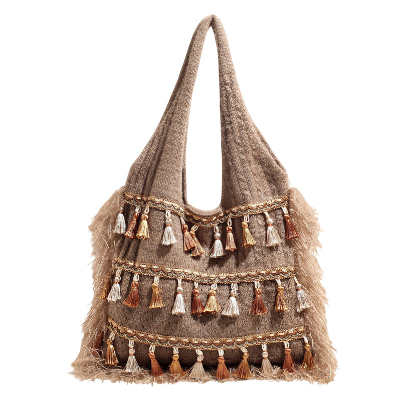 Ethnic Fringed Knitted Shoulder Bag for Women