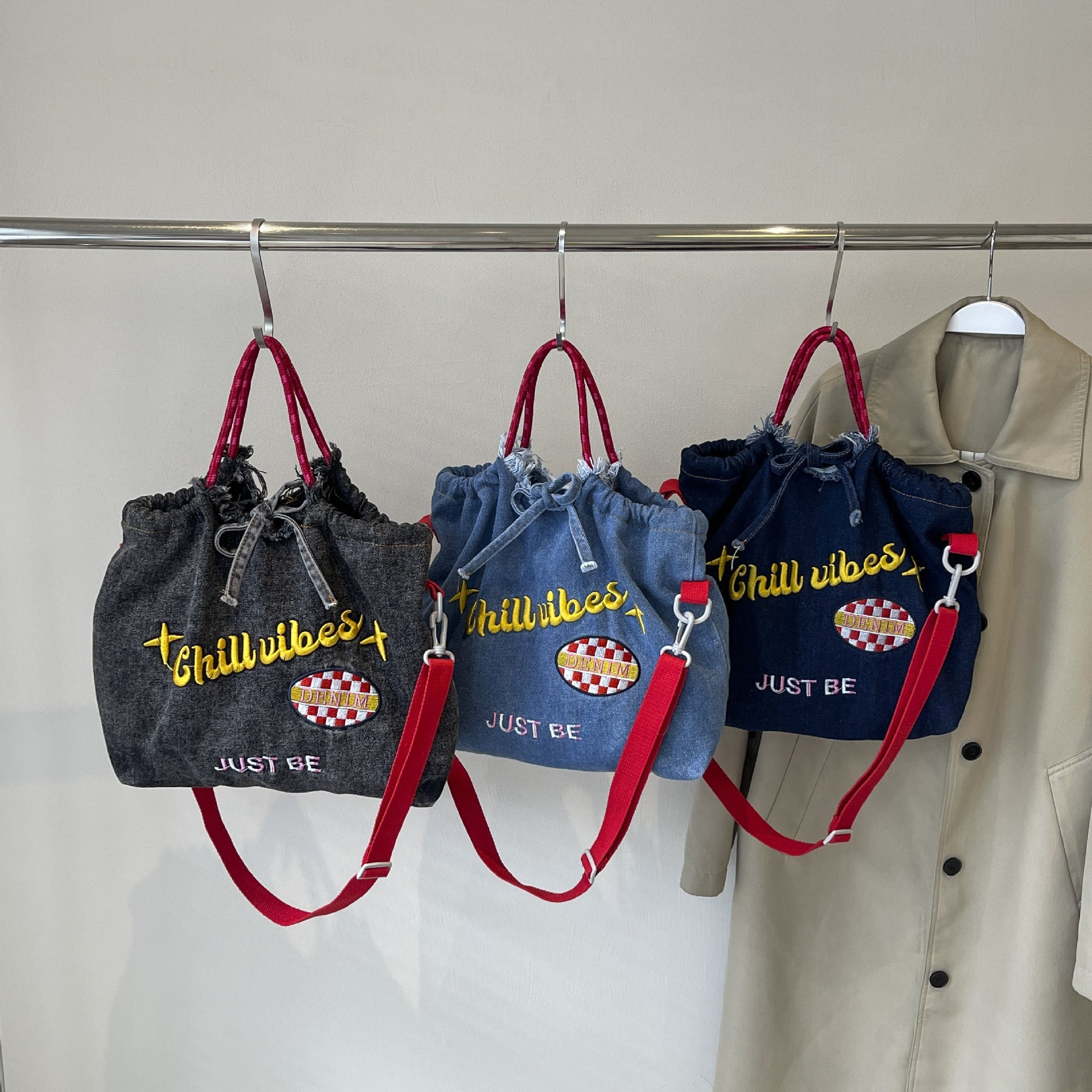 Ese Denim Embroidered Ballchain Tote Bag Large Capacity Shoulder Bag
