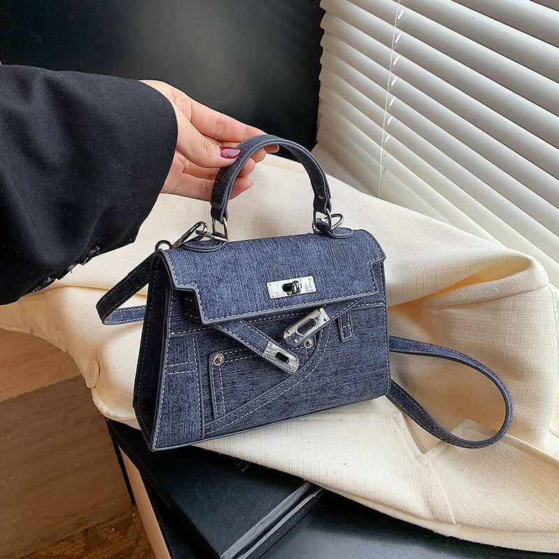 Premium Splicing Kelly Bag Women's Lock Denim Shoulder Bag