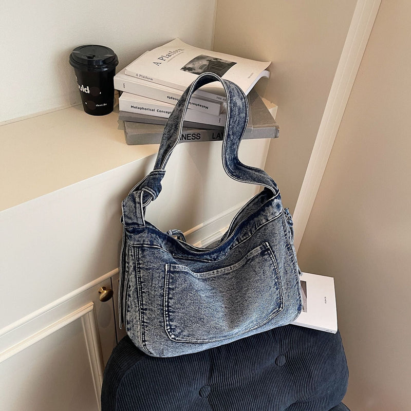 Splicing Contrast Shoulder Bag Denim Messenger Large Capacity Pillow Bag