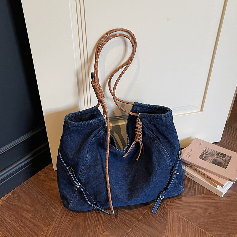 Retro Denim Commuter Shoulder Bag Large Capacity Light Able Tote