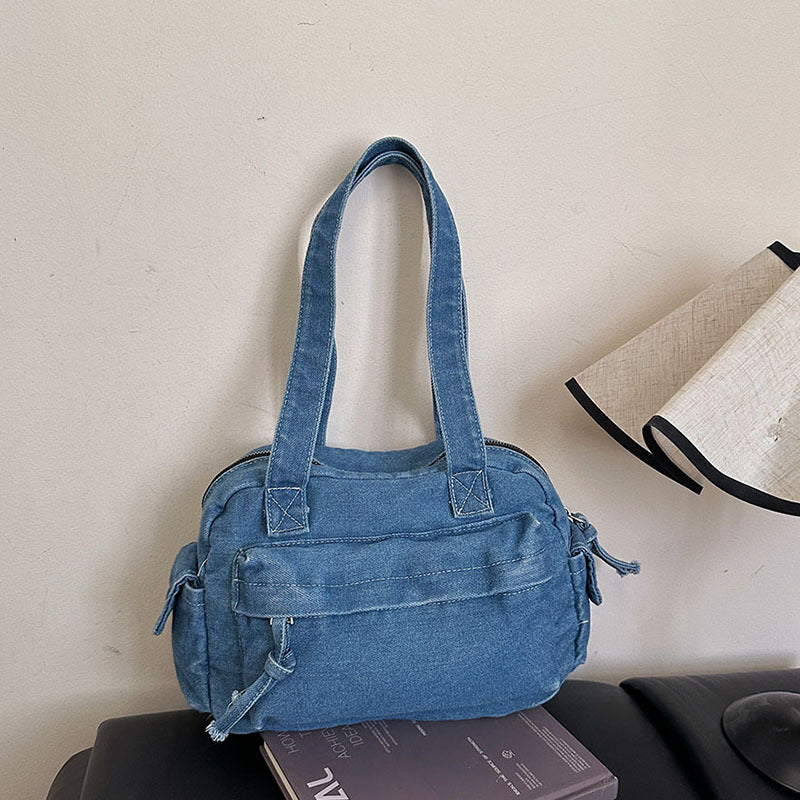 Large-Capacity Denim Tote Bag French Casual Commuting Retro Handbag