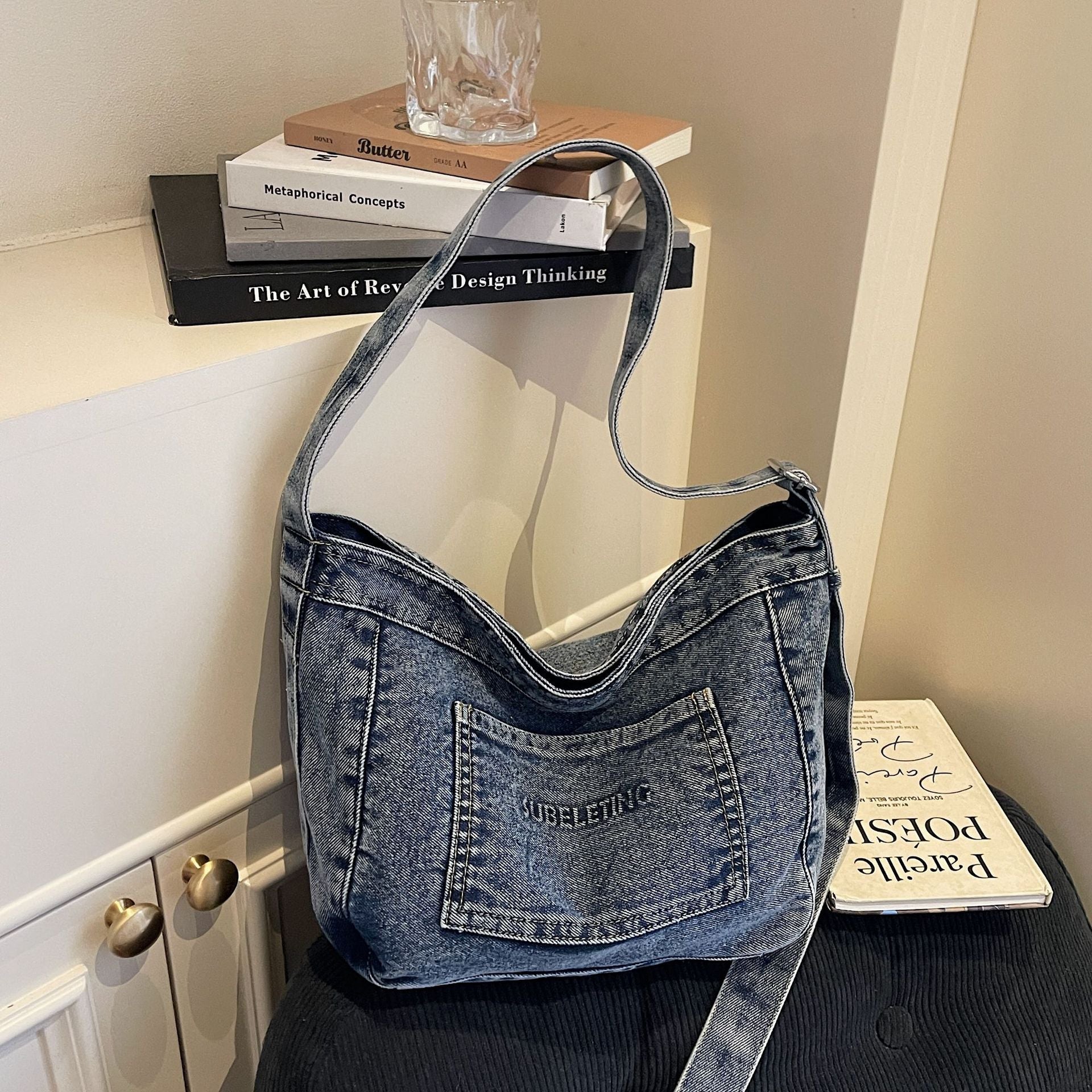 Large Capacity Denim Commuter Tote Bag