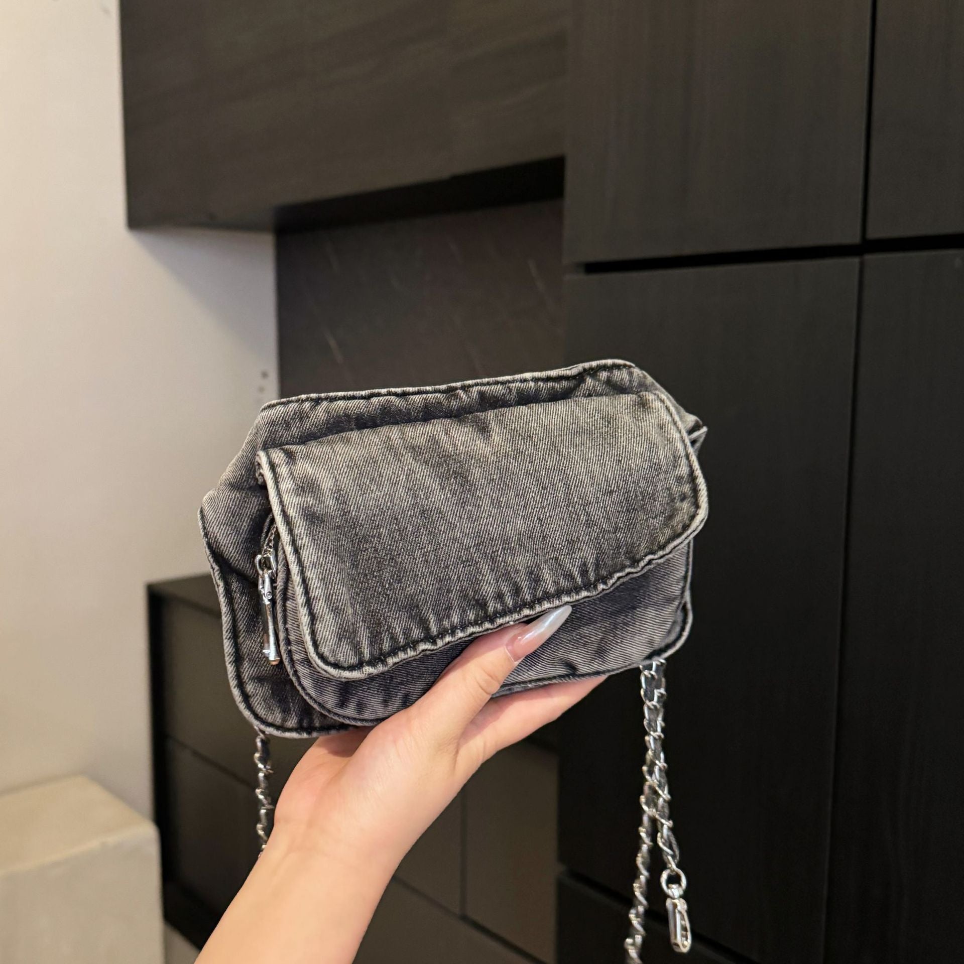 Cool Contrasting Color Denim Messenger Bag Splicing Pleated Shoulder Fanny Pack