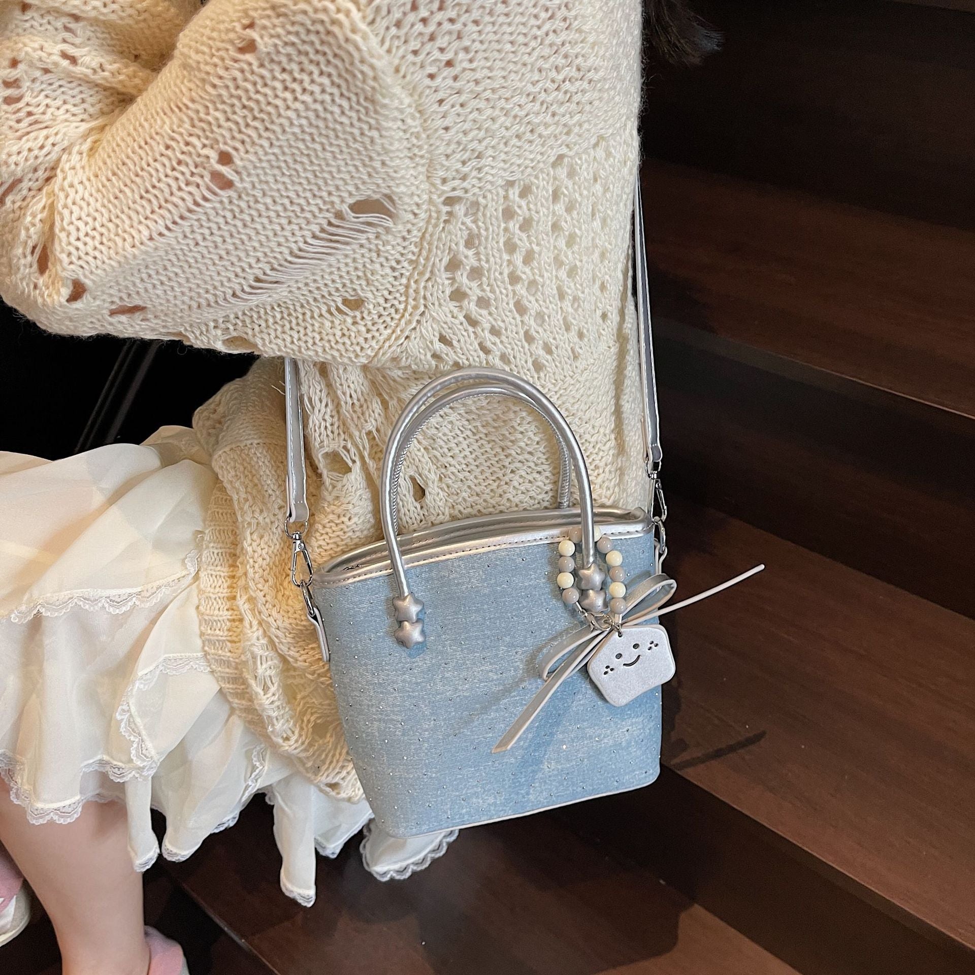 Denim Diamond Bucket Bag Commuter Vegetable Basket Handbag