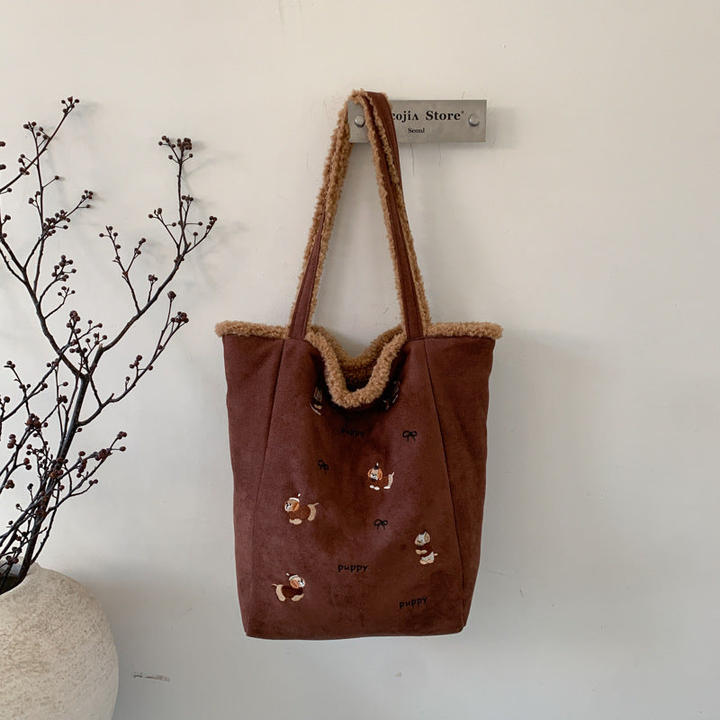 Large Capacity Embroidered Plush Shoulder Bag Double-Sided Design
