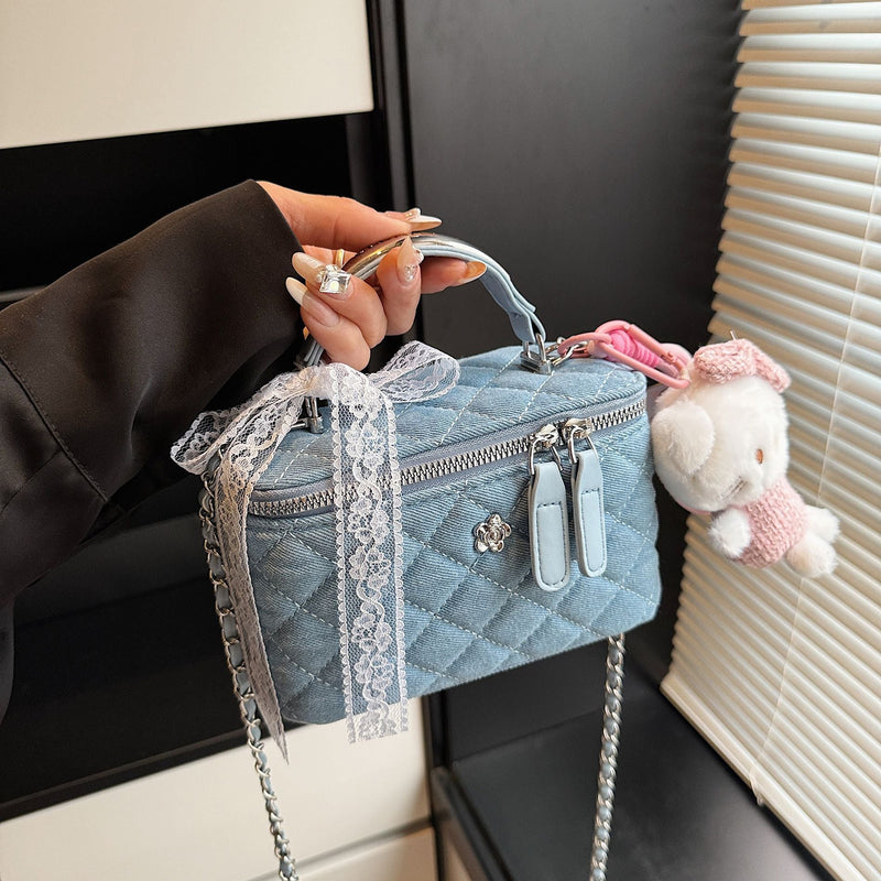 High-End Women's Denim Rhombus Chain Handbag Messenger Bag
