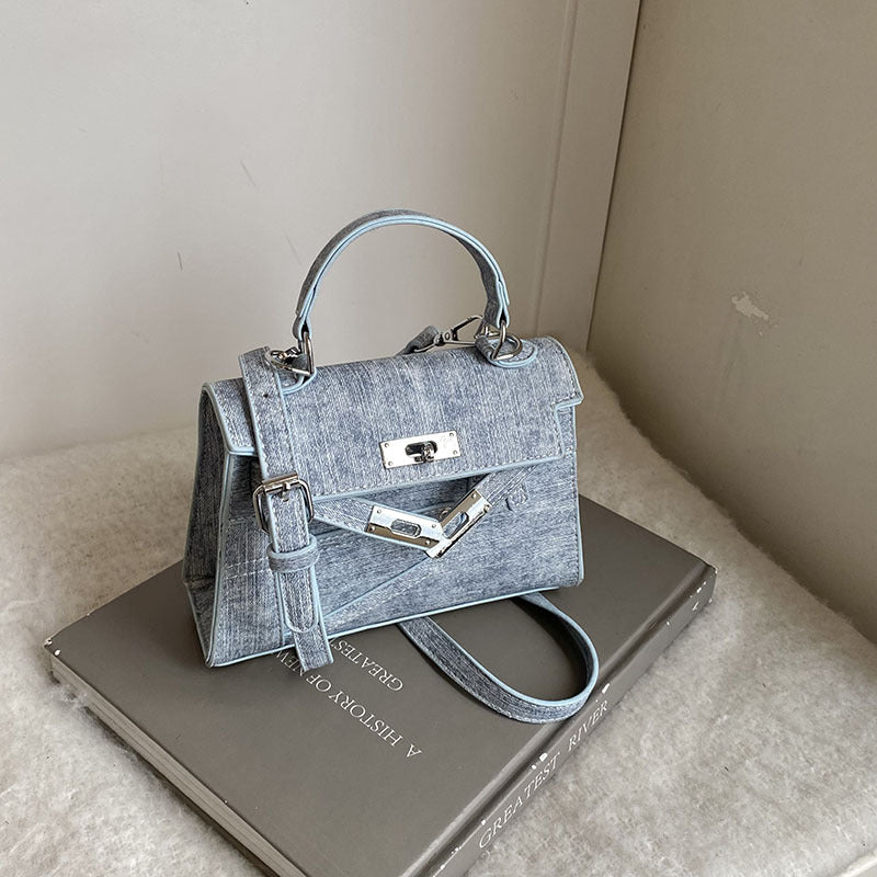 Premium Splicing Kelly Bag Women's Lock Denim Shoulder Bag