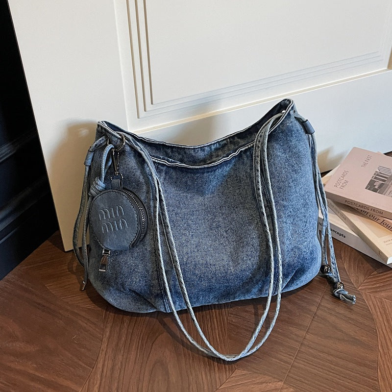 Miu Denim Dumpling Bag Large Capacity Shoulder Crossbody Retro Washed