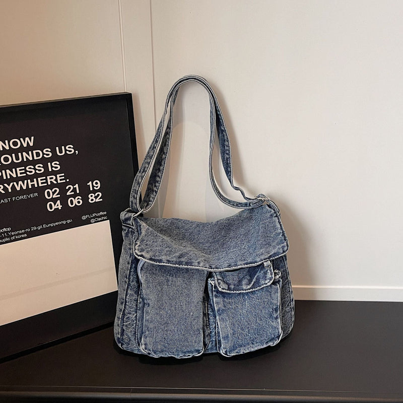 Retro Denim Messenger Bag Street Trend Casual Large Capacity Commuter Shoulder Bag