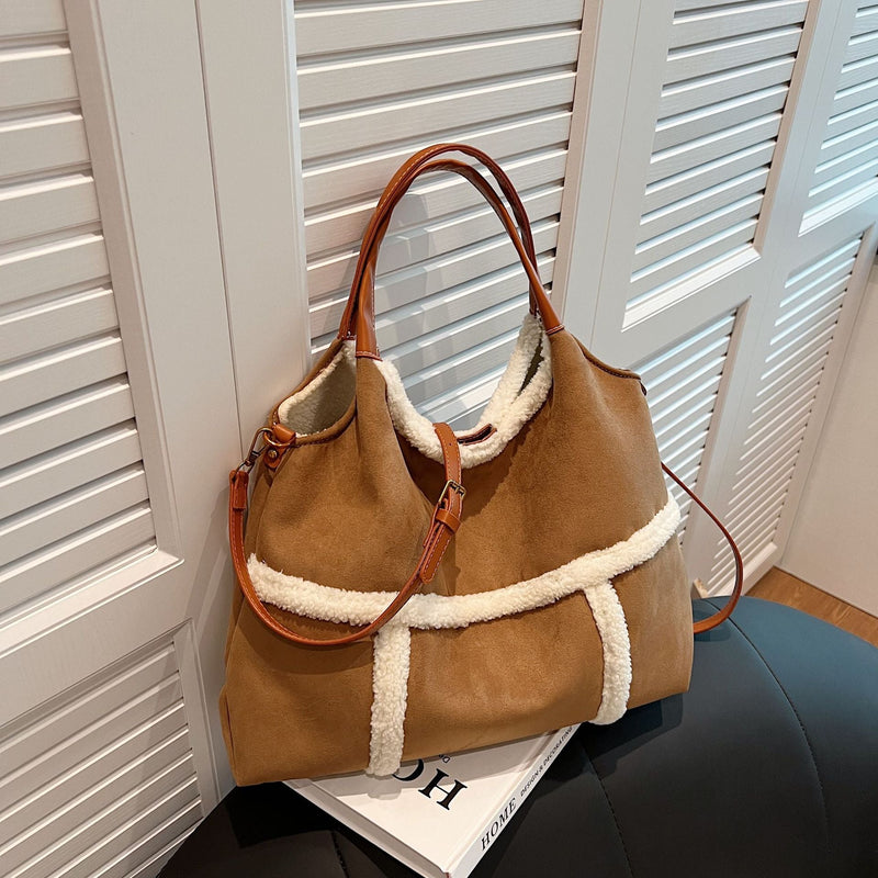 Plush Contrasting Color Messenger Tote Bag Large Capacity Shoulder Bag