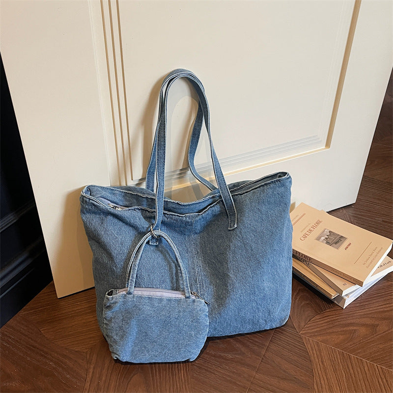 Retro Denim Commuter Tote Bag Large Capacity Shoulder Bag