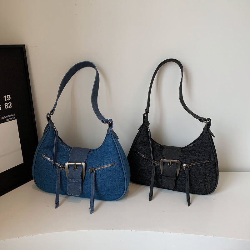 Retro Denim Crescent Shoulder Bag with Buckle