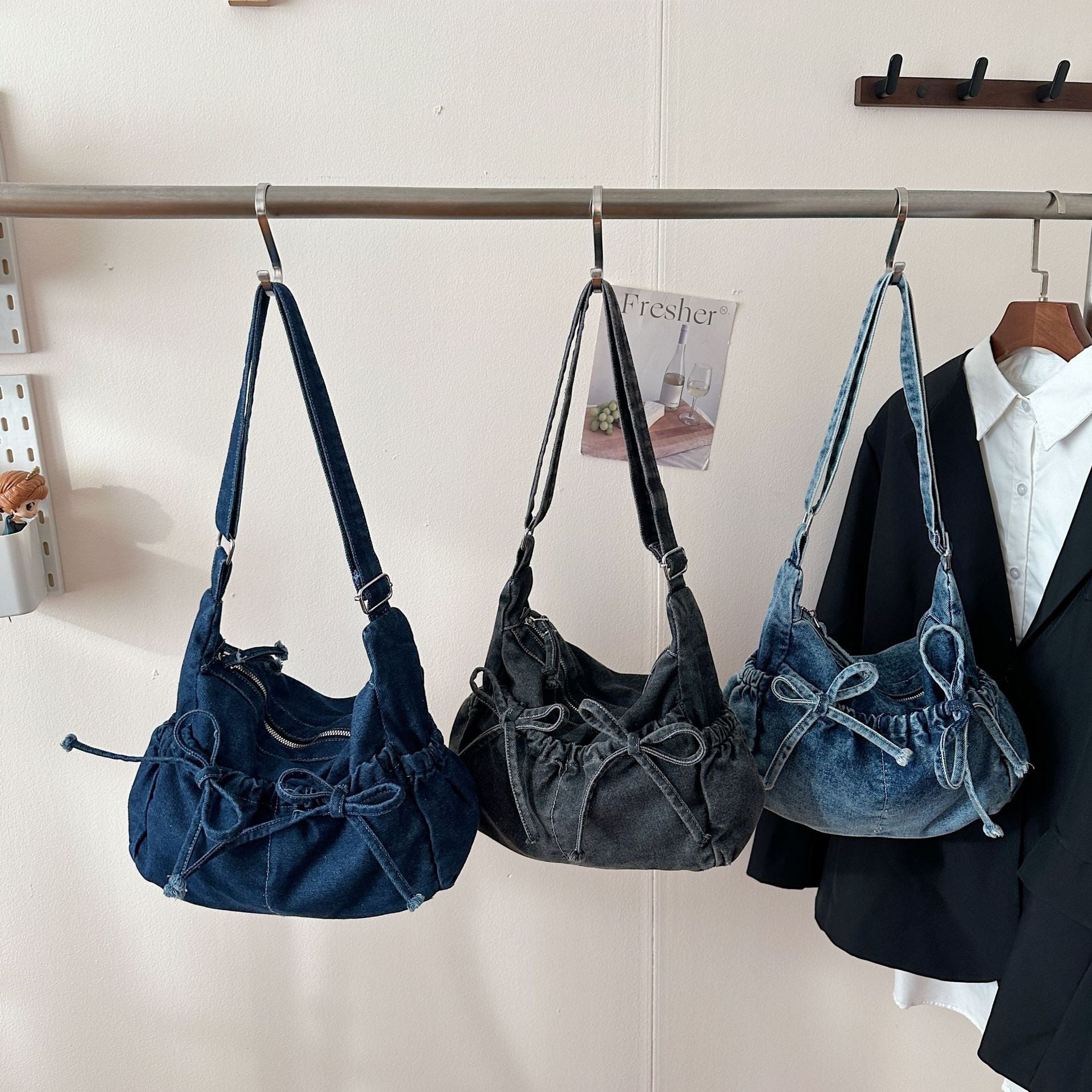 Bow Denim Messenger Bag Lightweight Commuter Shoulder Bag