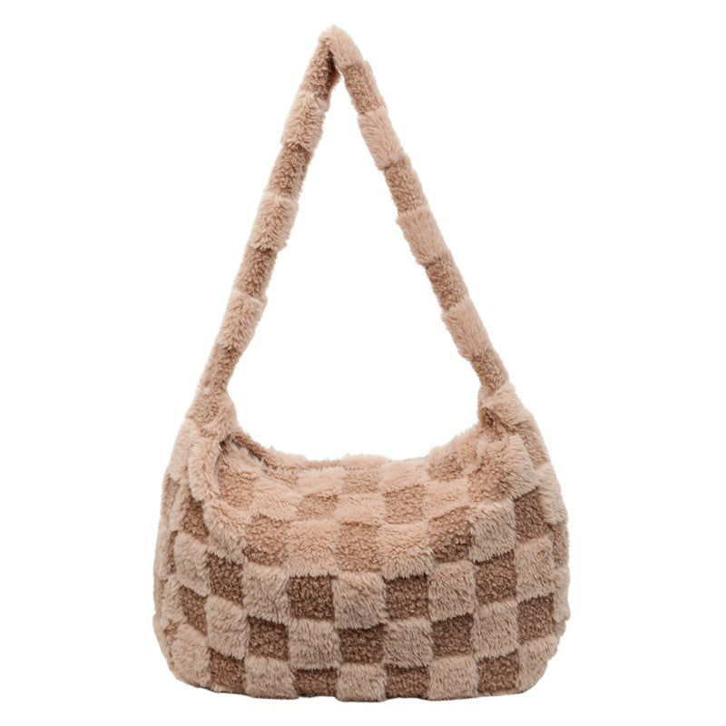 Checkerboard Plush Messenger Bag Versatile Commuter Fashion