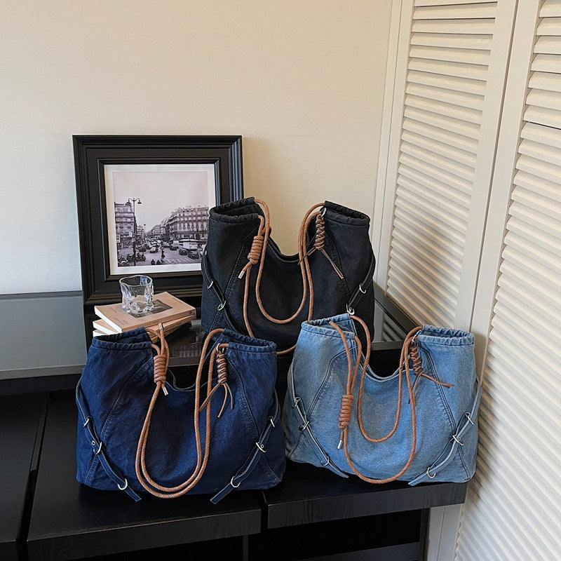 Retro Denim Commuter Shoulder Bag Large Capacity Light Able Tote