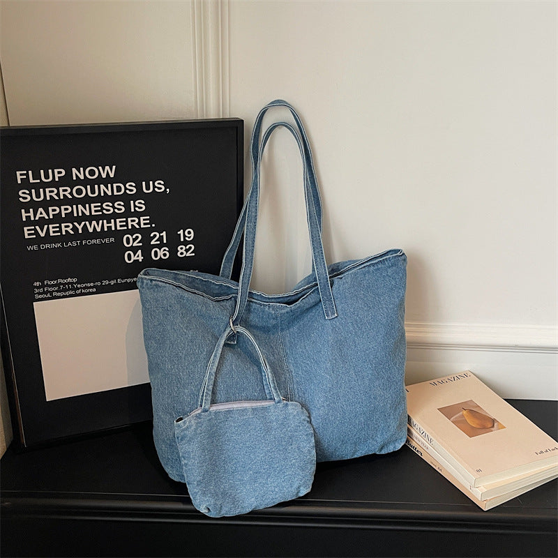 Retro Denim Commuter Tote Bag Large Capacity Shoulder Bag