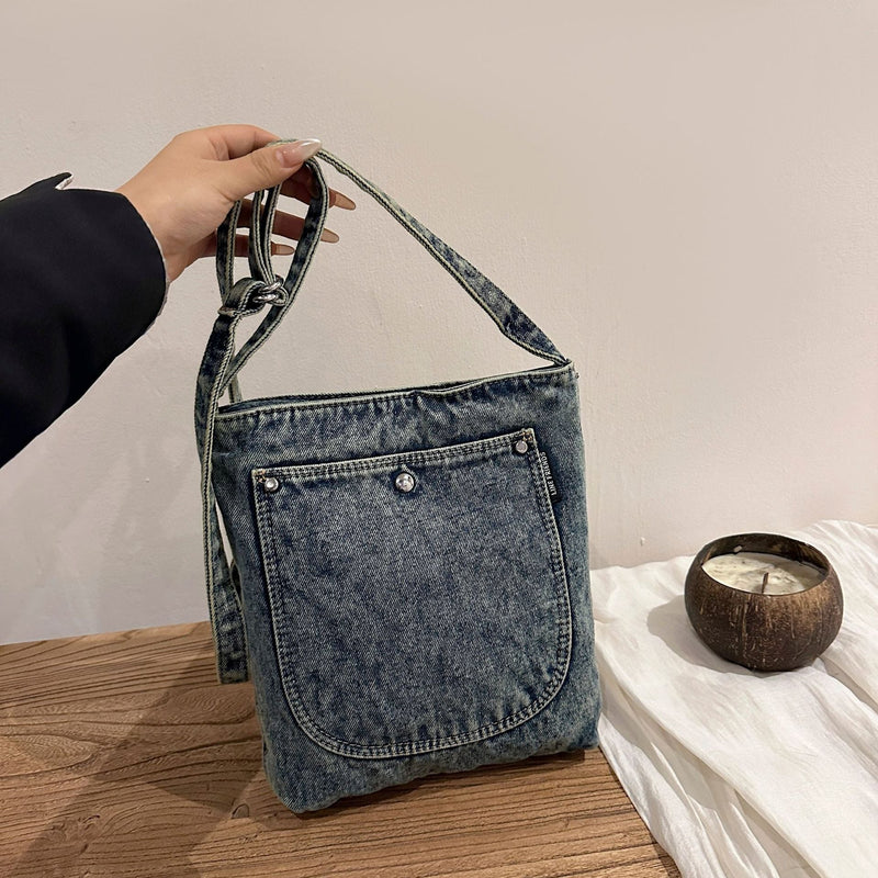 Large Capacity Retro Denim Messenger Bag for Commuting