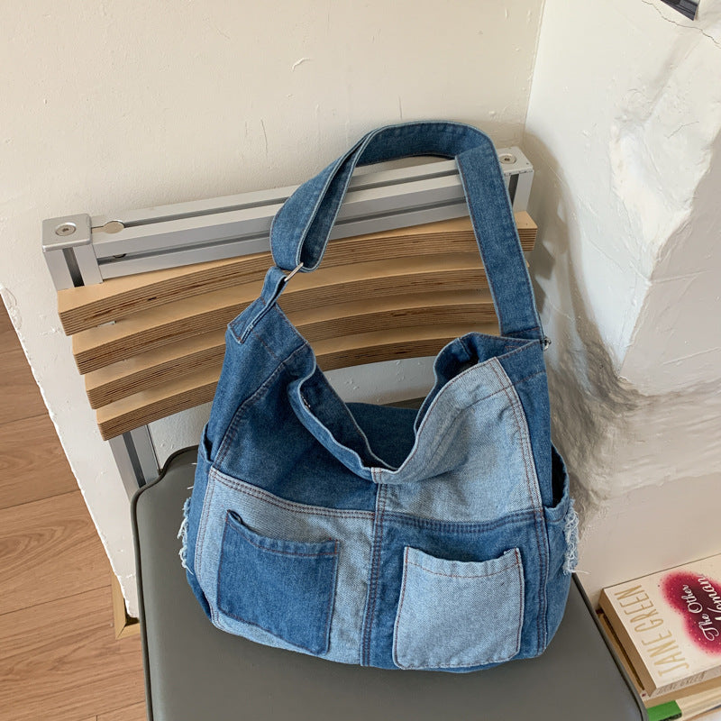 Retro Denim Shoulder Tote Bag Large Capacity Work Commuter