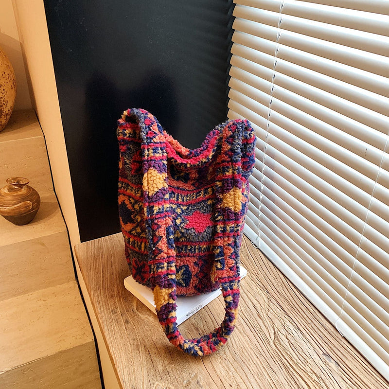 Ethnic Style Plush Bucket Bag Women's Shoulder Bag Large Capacity Retro Casual