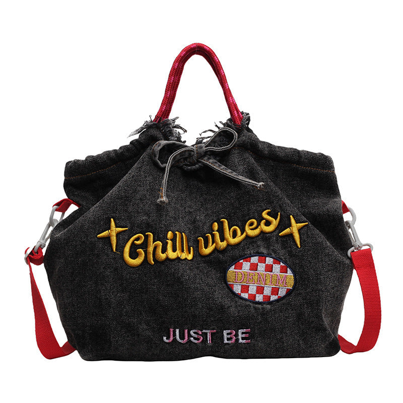 Ese Denim Embroidered Ballchain Tote Bag Large Capacity Shoulder Bag