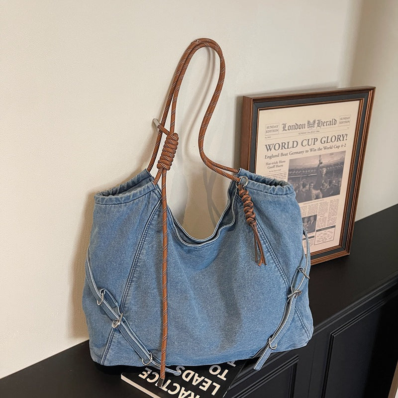 Retro Denim Commuter Shoulder Bag Large Capacity Light Able Tote