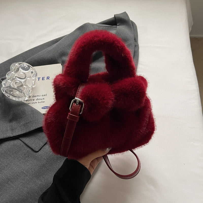 Retro Plush Bow Bag Fluffy Fashion Messenger Bag