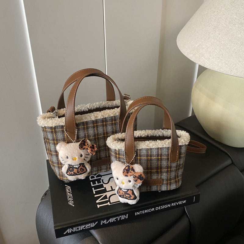 Plaid Mini Bucket Bag Woolen Shoulder Bag