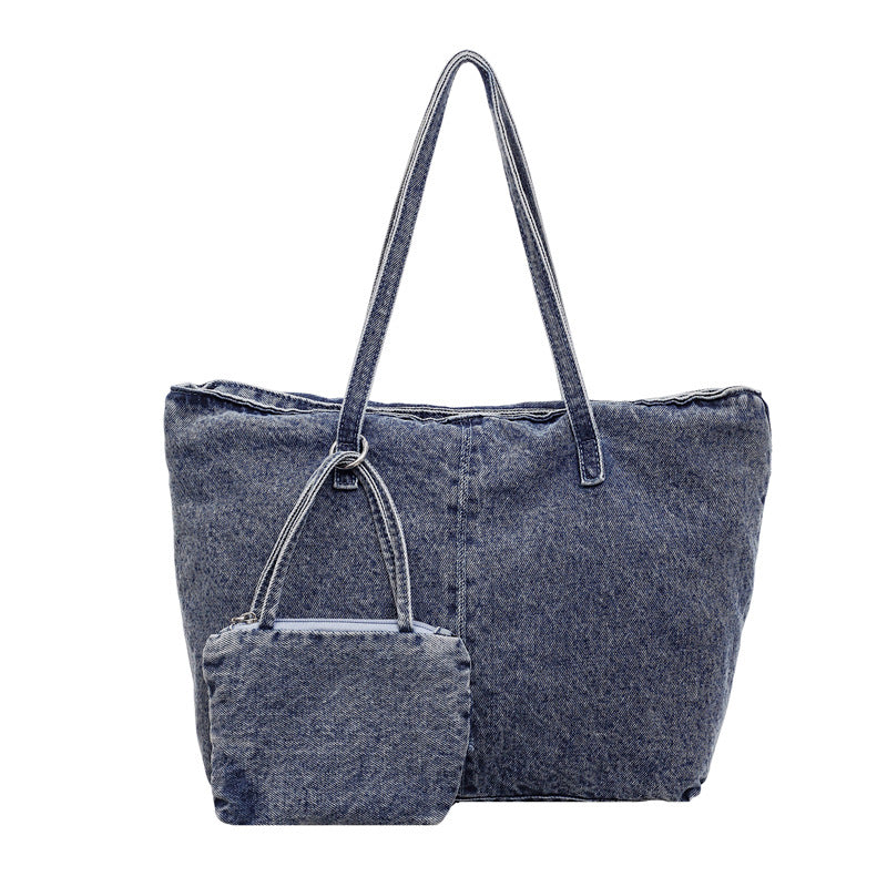 Retro Denim Commuter Tote Bag Large Capacity Shoulder Bag