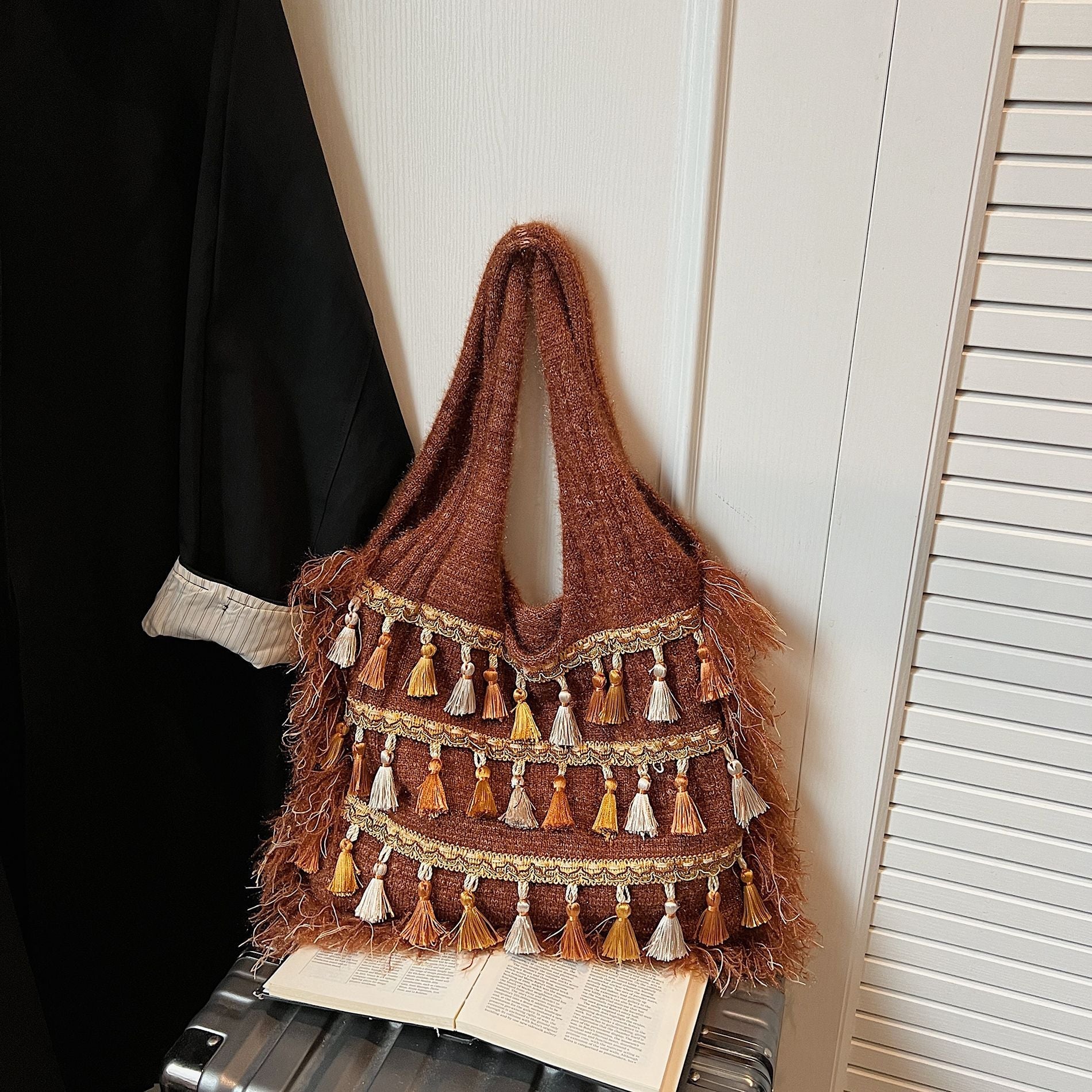 Ethnic Fringed Knitted Shoulder Bag for Women