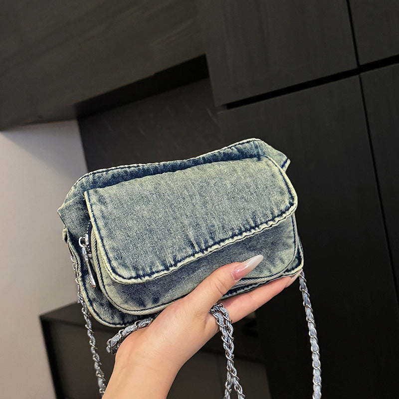 Cool Contrasting Color Denim Messenger Bag Splicing Pleated Shoulder Fanny Pack