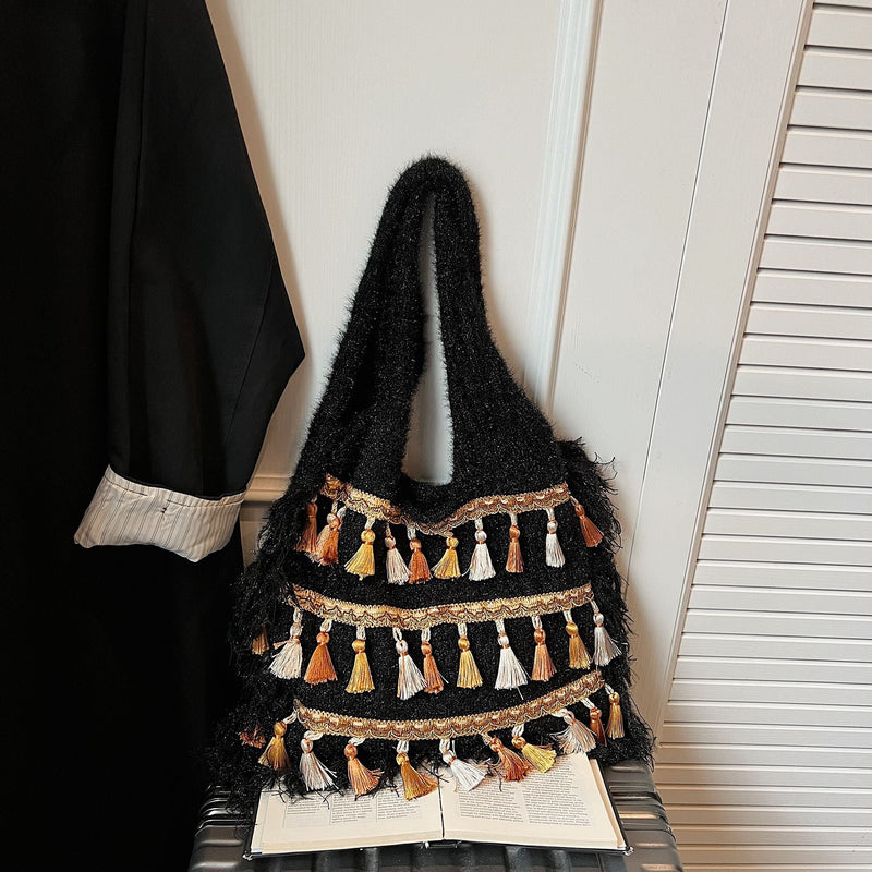 Ethnic Fringed Knitted Shoulder Bag for Women