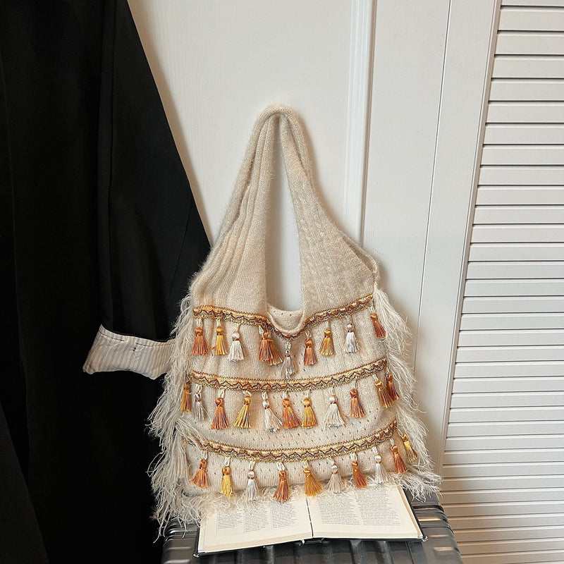 Ethnic Fringed Knitted Shoulder Bag for Women