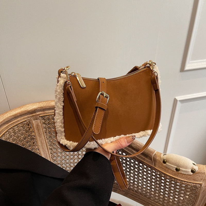 Retro Matte Suede Shoulder Bag Splicing Underarm Commuter Messenger