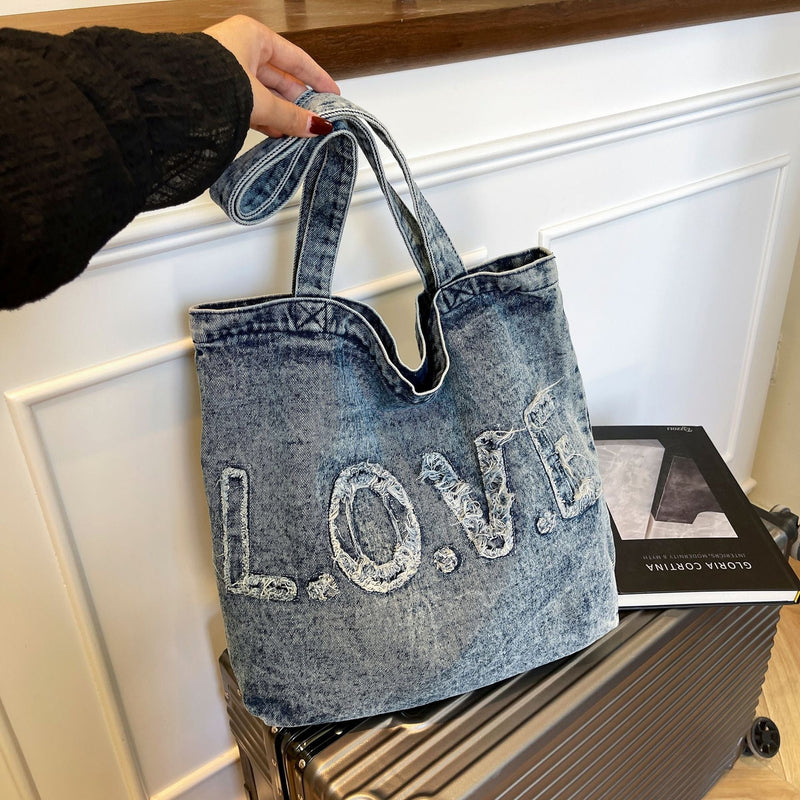 Ese Literary Embroidery Denim Shoulder Bag for Girls Large Capacity Commuter Tote