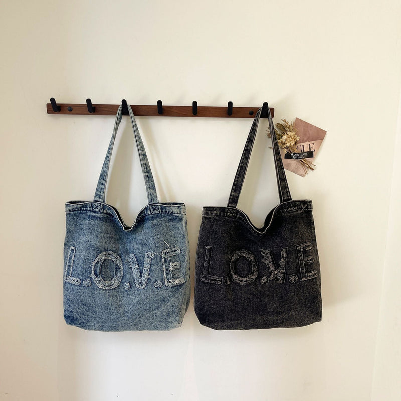 Ese Literary Embroidery Denim Shoulder Bag for Girls Large Capacity Commuter Tote