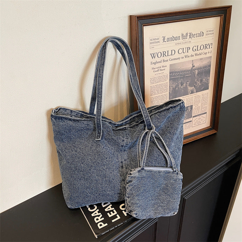 Retro Denim Commuter Tote Bag Large Capacity Shoulder Bag