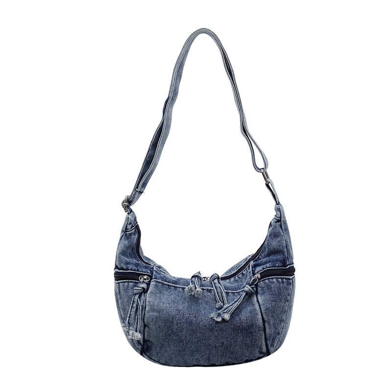 Dongdaemun Denim Messenger Bag Large Capacity Casual Pleated One-Shoulder